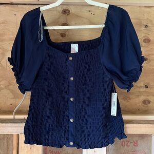 No Boundaries Navy Blue Puff Sleeve Smocked Blouse NWT Size XL